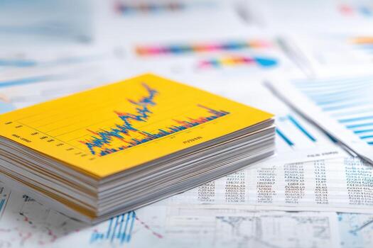 un apilar de documentos con gráficos y cartas en parte superior foto