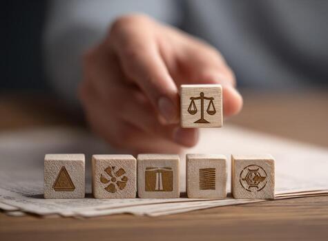 A person is holding wooden blocks with symbols on them photo