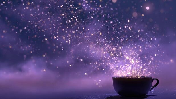 A cup of coffee is sitting on a table with a purple light shining from it photo