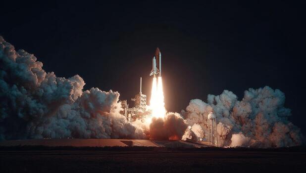 A space shuttle is taking off into the night sky photo