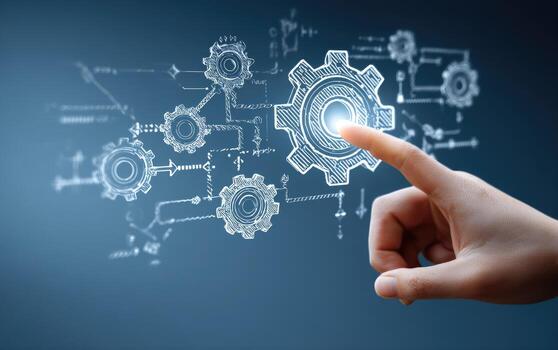 A hand pressing a button on a futuristic interface photo