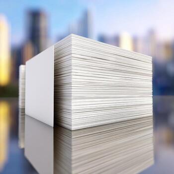 Stack of white business cards on a table with cityscape in the background photo