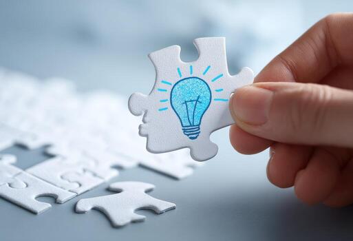 A hand holding a puzzle piece with a light bulb on it photo