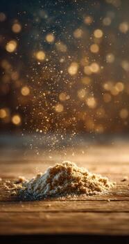 Sugar powder on wooden table with bokeh effect photo
