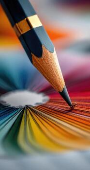A pencil is in the center of a colorful color wheel photo
