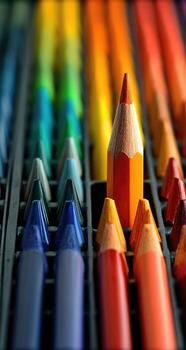 A close up of a pencil in a box of colored pencils photo