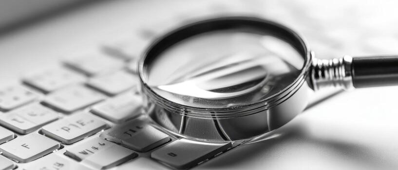A magnifying glass is sitting on top of a keyboard photo