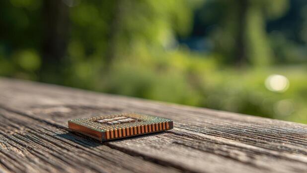 A small computer chip sitting on top of a wooden table photo