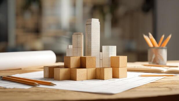 A wooden model of a skyscraper sits on a desk photo