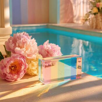 A rainbow colored glass block sitting next to a pool photo