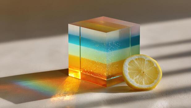 A lemon and a cube of colored glass on a table photo