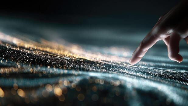 A person touching a finger on a screen with a light background photo