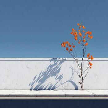 A tree with orange leaves on the side of a wall photo