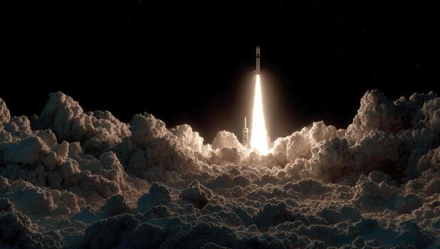 A rocket is flying through the air over a mountain photo