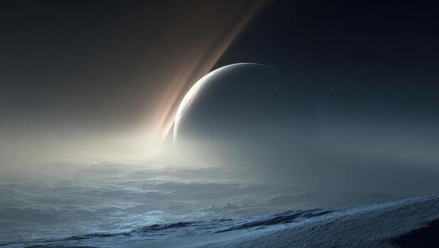 An alien planet with a bright light shining above it photo