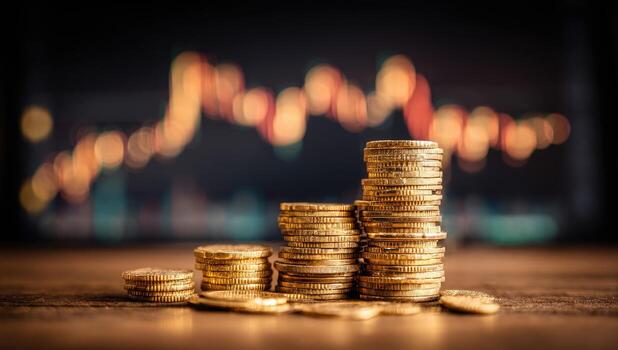 Gold coins stacked on a table with a stock chart in the background photo