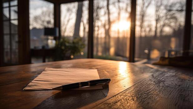 A pen and paper on a table in front of a window photo