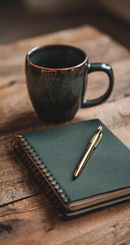 A notebook and a pen on a wooden table photo
