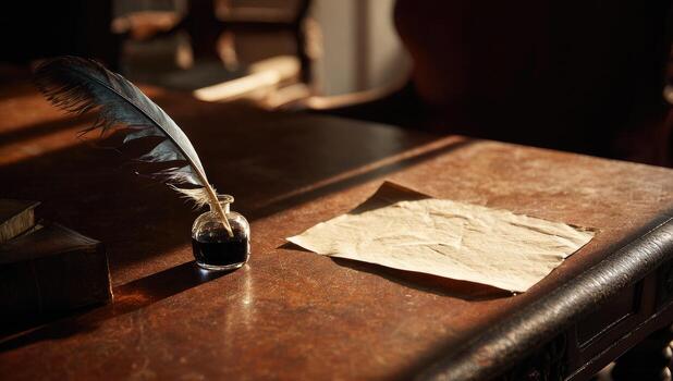 An old quill and ink on a wooden table photo