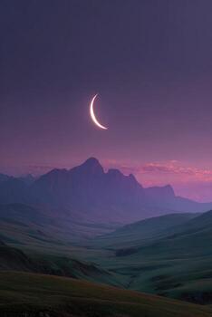 The moon is setting over a mountain range photo
