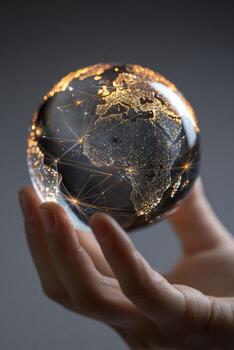 Hand holding a globe with network lines and world map photo