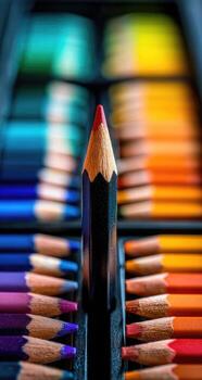 Colorful pencils in a box with a red one in the middle photo