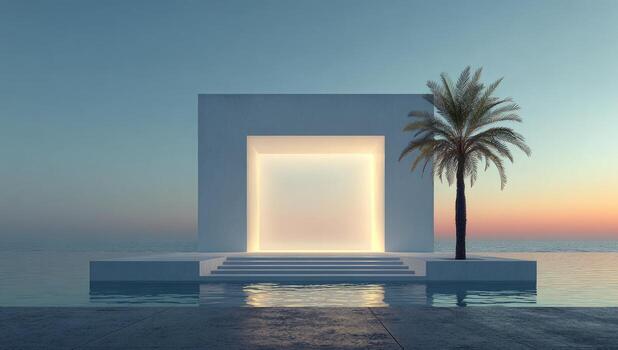 A white door with a palm tree in front of it photo