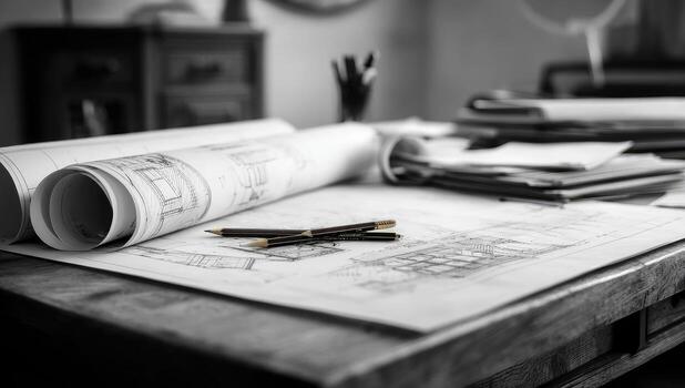 Architectural drawings on a desk with a pen and paper photo