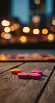 A board game on a wooden table with colorful pieces photo