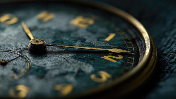 A close up of a clock with a gold face photo