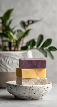 A stack of soap bars on a plate with a plant photo