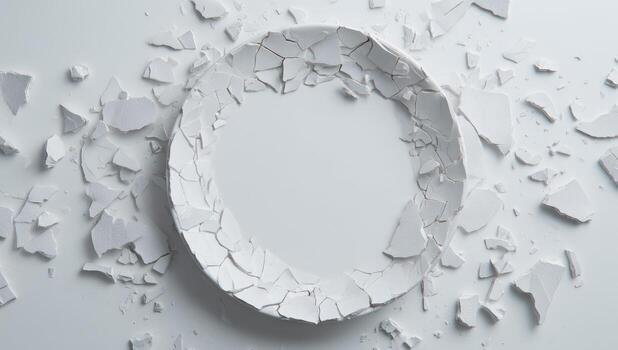 A white oval is surrounded by broken pieces of paper photo