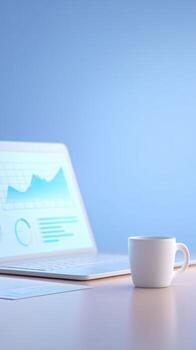 Modern workspace featuring a laptop displaying data analytics graphs, a white coffee cup on a wooden desk, with a soft blue background creating a calm and professional atmosphere photo