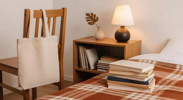 blanco totalizador bolso Bosquejo en acogedor dormitorio ajuste escandinavo diseño estético foto