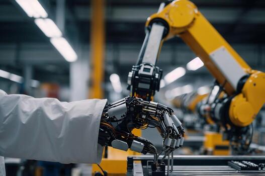 Ultra realistic shot of a modern robot arm assembling electronics in a factory photo