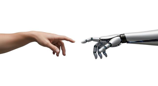 Human and robot hands touching isolated on white background photo