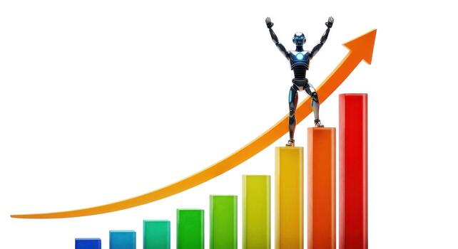 Robot standing on a bar graph isolated on white background photo