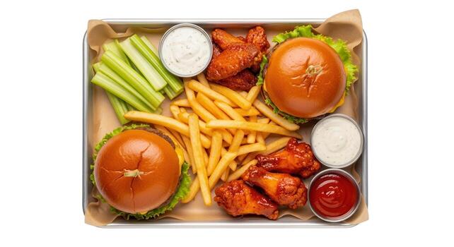 Overhead view of fast food tray isolated on white photo