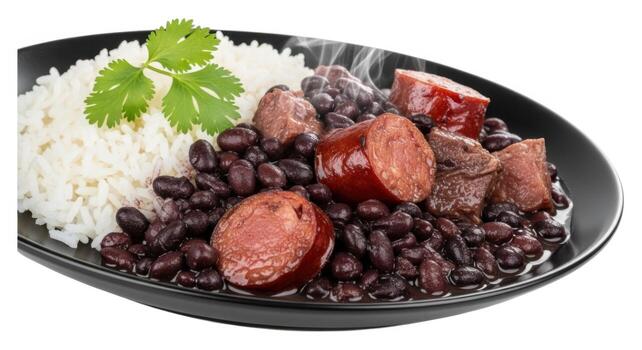 Delicious feijoada with rice and pork isolated on white background photo