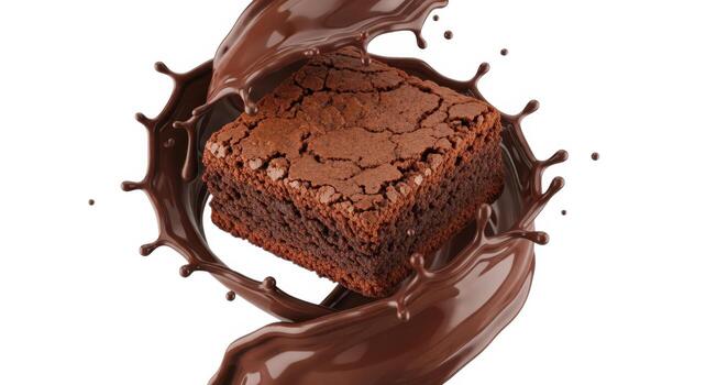 Chocolate brownie with splash isolated on white background photo