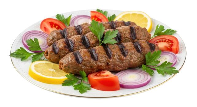 Plate of grilled lamb kebabs with vegetables isolated on white background photo