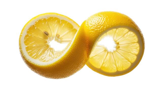 Two lemon halves twisted together isolated on white background photo