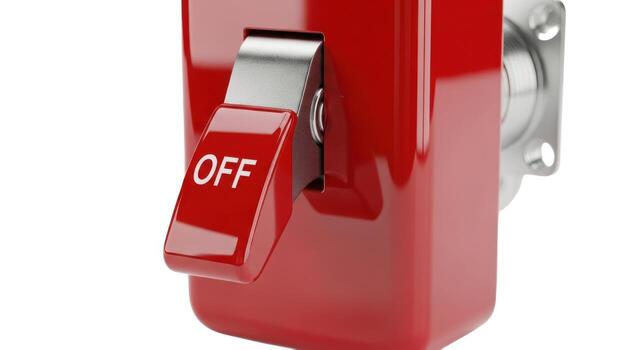 Red electrical switch in the off position, isolated on white background photo