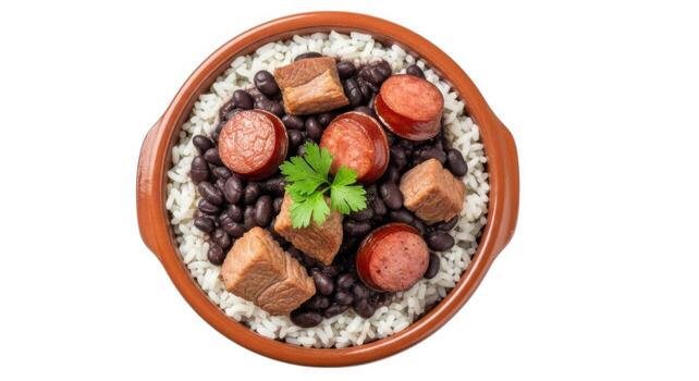 Overhead shot of feijoada isolated on white background photo