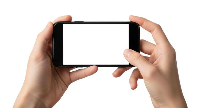 Hands holding a smartphone isolated on white background photo