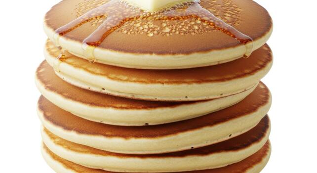 Stack of pancakes with butter and syrup isolated on white background photo