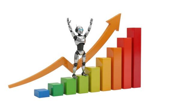 Robot standing on a growth chart isolated on white background photo