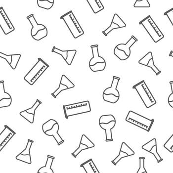 Doodle Science Lab Pattern. Hand Drawn Laboratory Glassware with Erlenmeyer Flask, Measuring Cylinder, and Volumetric Flask. vector