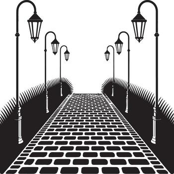 Perspective view of a cobblestone path with streetlights silhouette isolated on white background vector