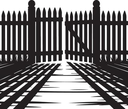 Open wooden picket fence gate with shadow patterns isolated on white background silhouette vector